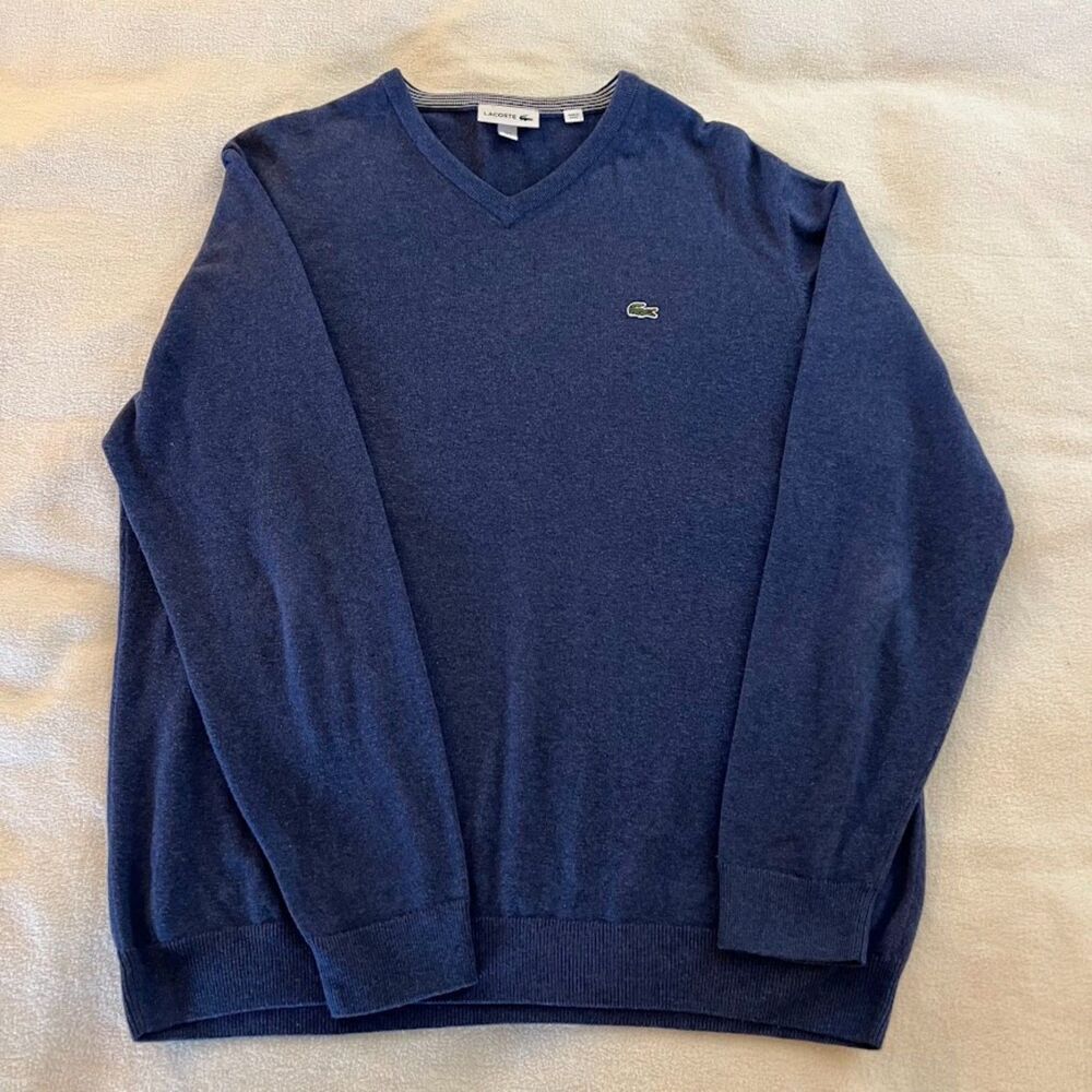 Lacoste Men's Knit Sweater Blue V-Neck Classic American Preppy Alligator, XL